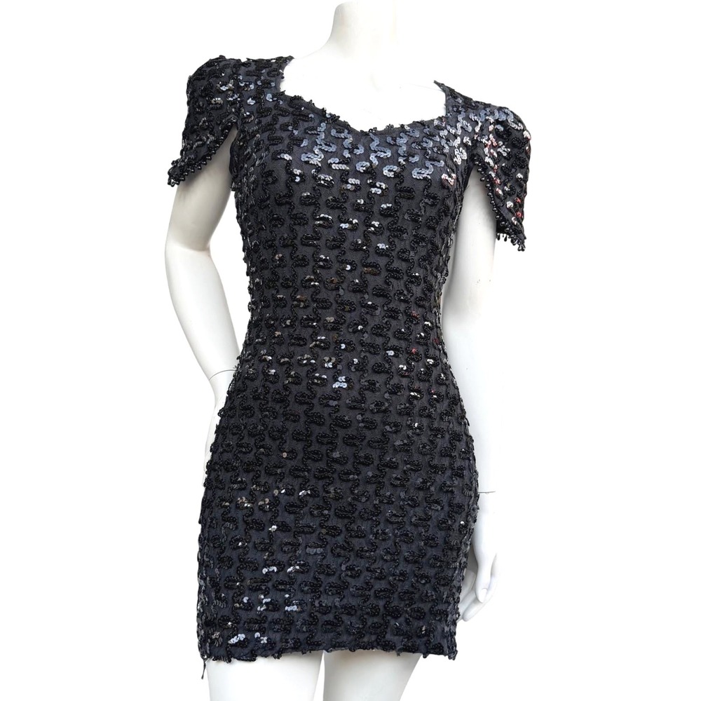 Vintage Black Sequin Mini Dress 90's Open Back Bead Trim Cocktail Party Luxury S